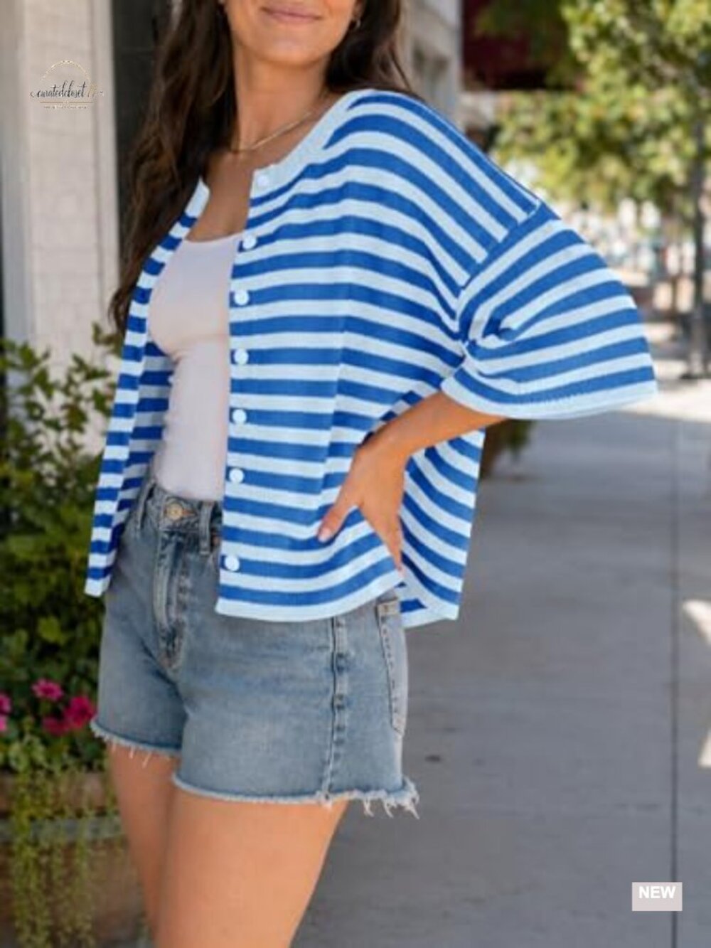 Short Sleeve Cropped Striped Button Down Oversized Lightweight Knit Cardigan - Picture 4 of 6
